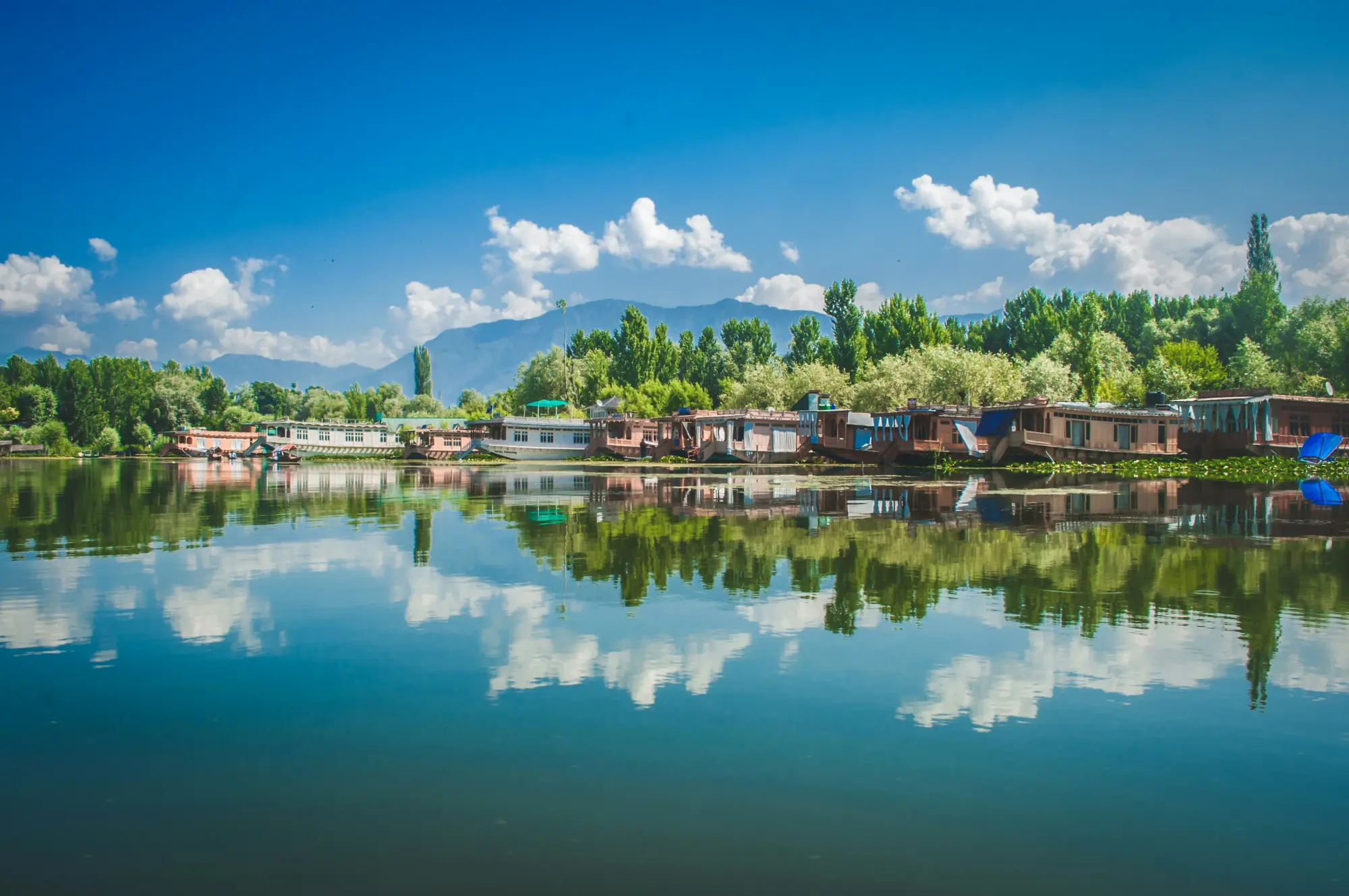 View of houseboats on Dal Lake with mountains in the background